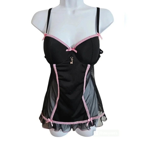 Bustier 34B Women Coquette Black Pink Sheer Goth Seduction Intimate Locket Mesh - Picture 2 of 6